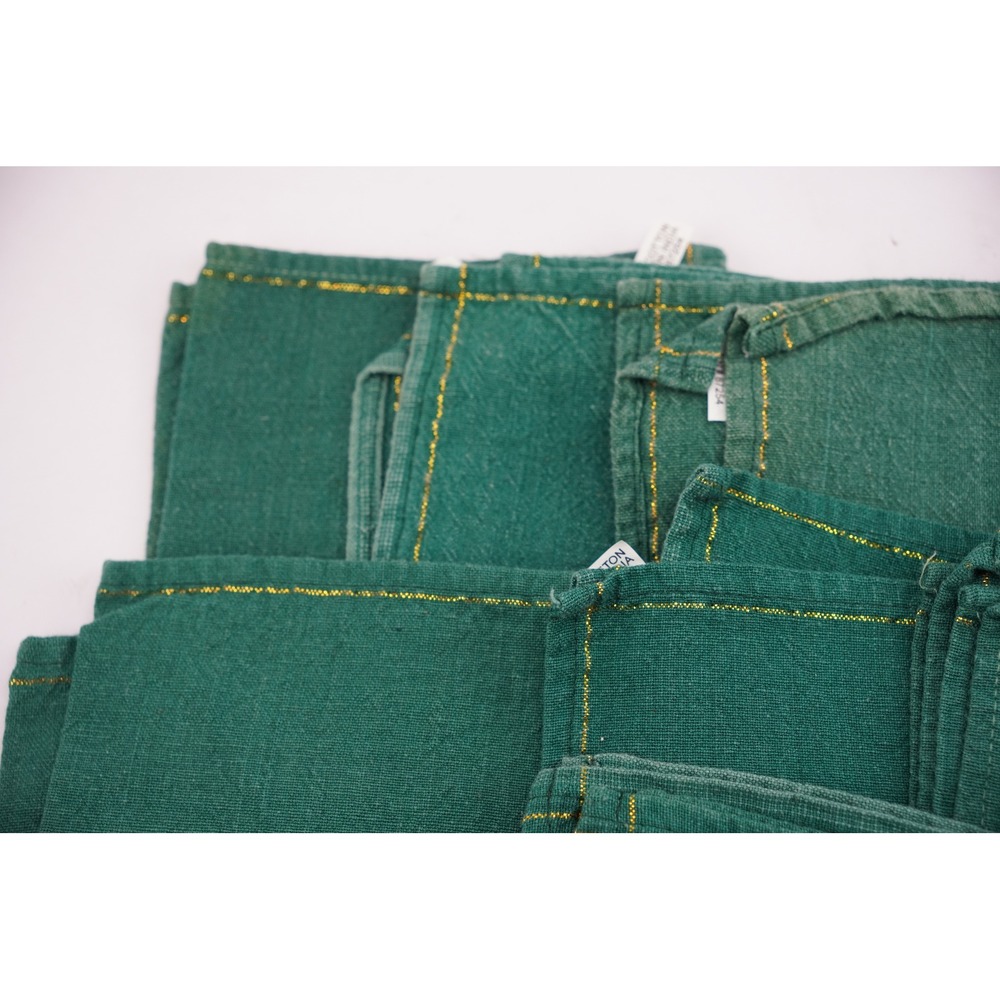 Set of 14 Vintage Christmas Green Cloth Napkins Gold Stitching Cotton - Picture 2 of 5